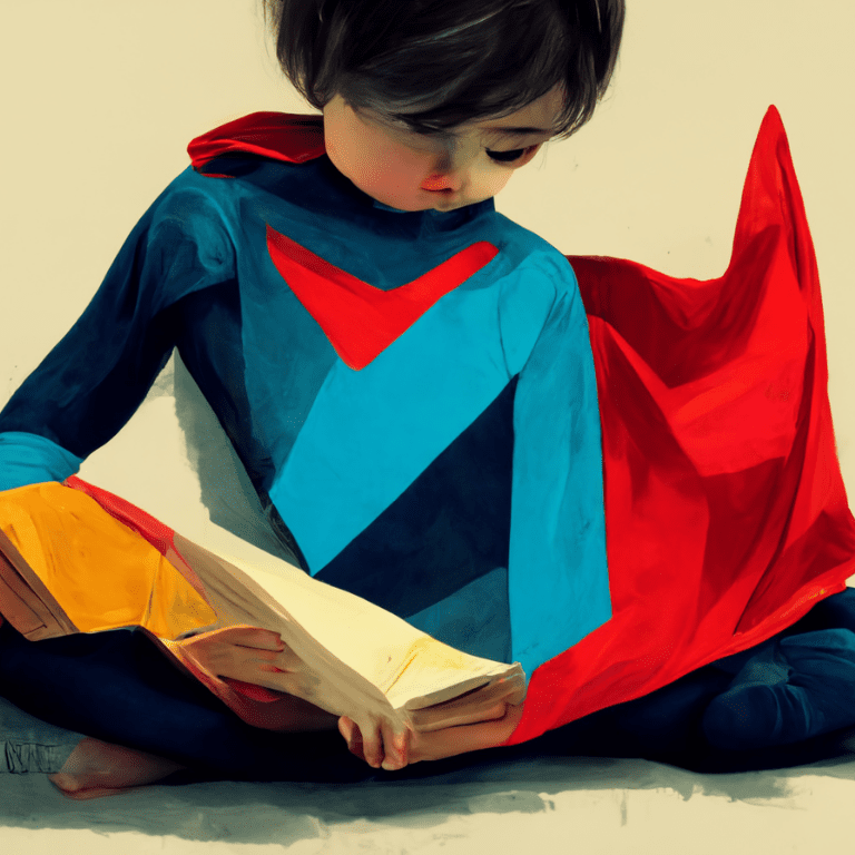 illustration of a child wearing a superhero cape reading a book for Prisma curiosity in learning
