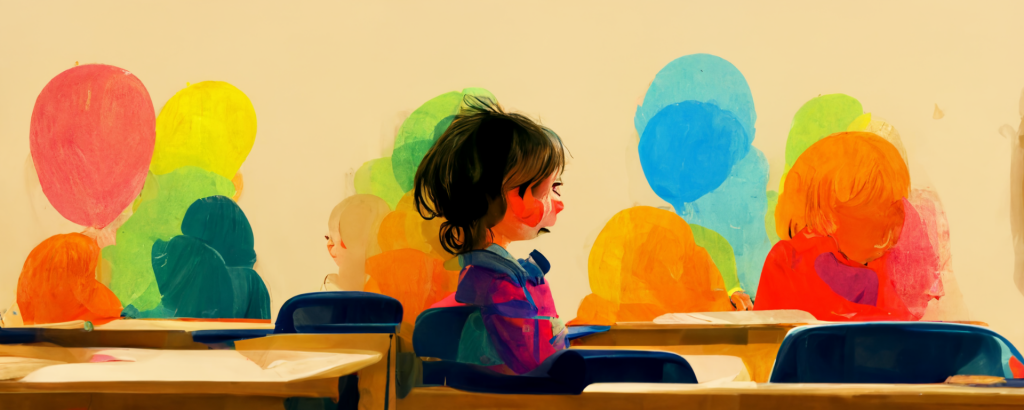 illustration of a child sitting among other students in a classroom with colorful thought bubbles overhead, representing the value of education