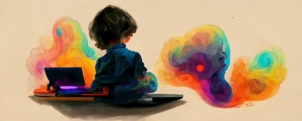 illustration of a child sitting at a laptop with colorful thought clouds swirling around, depicting online school burnout