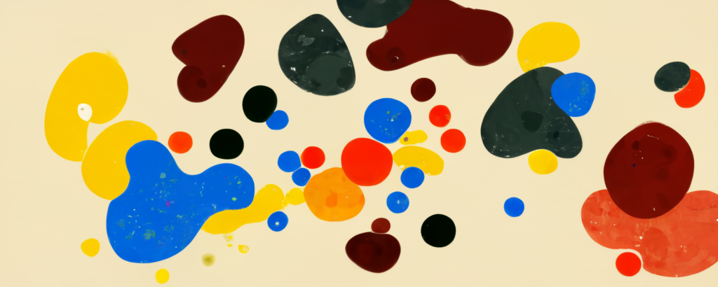 abstract paint splotches in primary colors on a cream background, representing the blending of subjects in interdisciplinary learning