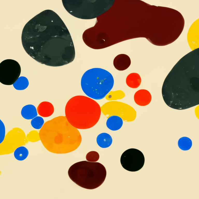 colorful abstract paint dots and splatters in blue, red, yellow, and black on a cream background