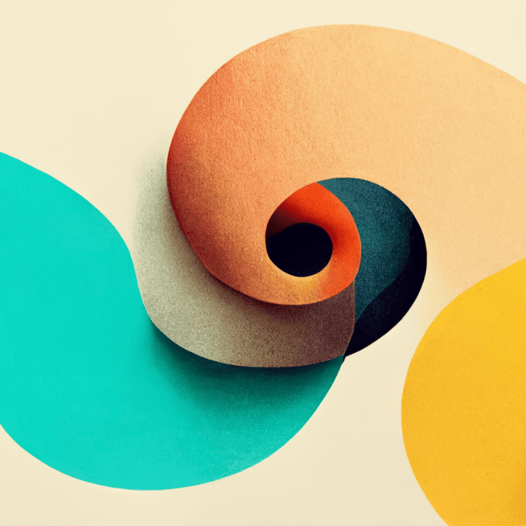 abstract spiral of overlapping orange, teal, and navy circles representing design thinking