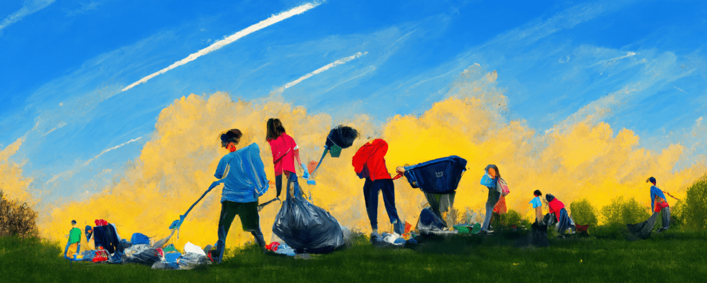 painterly illustration of kids volunteering outdoors, picking up litter on a green hillside under a bright blue sky