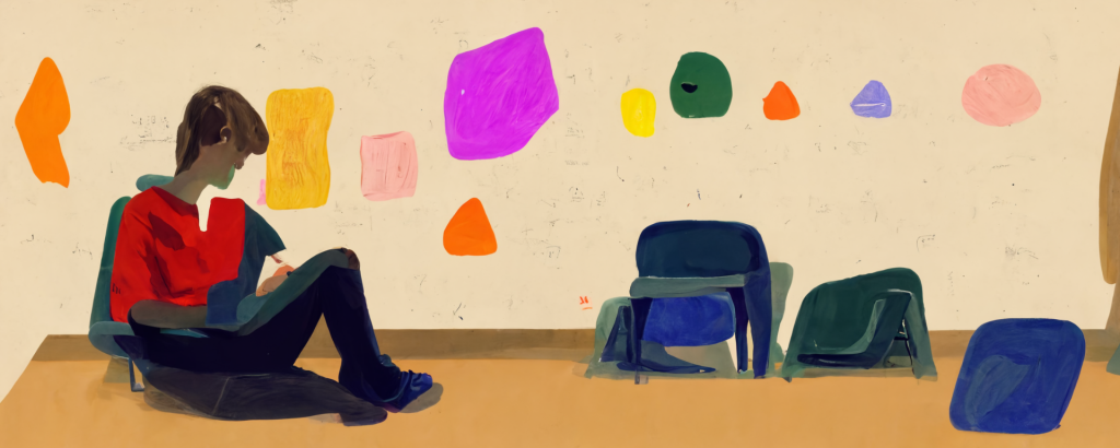 illustration of a gifted child sitting alone in a classroom with colorful abstract shapes on the wall