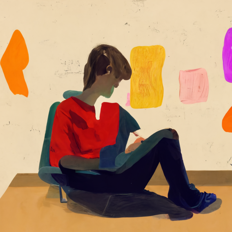 illustration of a young student sitting on the floor drawing near colorful abstract artwork