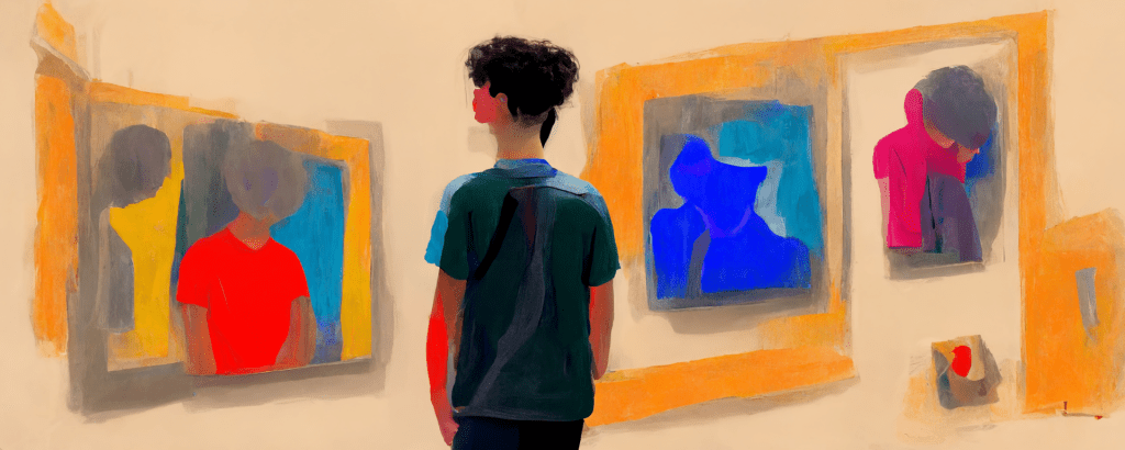 illustration of a child viewing colorful abstract portraits in a gallery, reflecting diverse ways of seeing the world