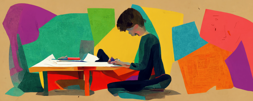illustration of a student writing at a desk surrounded by colorful abstract shapes, representing homeschool writing curriculum