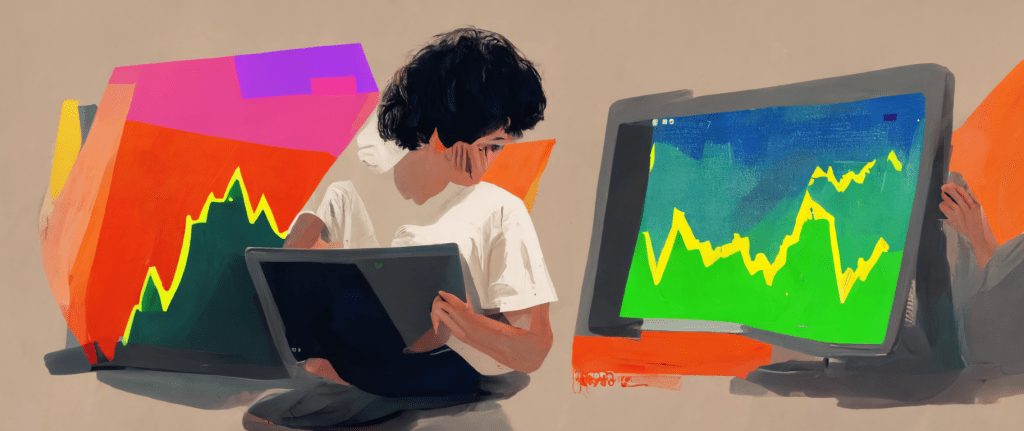 illustration of a young person studying stock charts on a laptop and monitor, learning about investing
