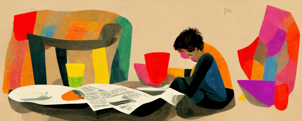 illustration of a child reading newspapers and books on the floor surrounded by colorful objects, representing media literacy