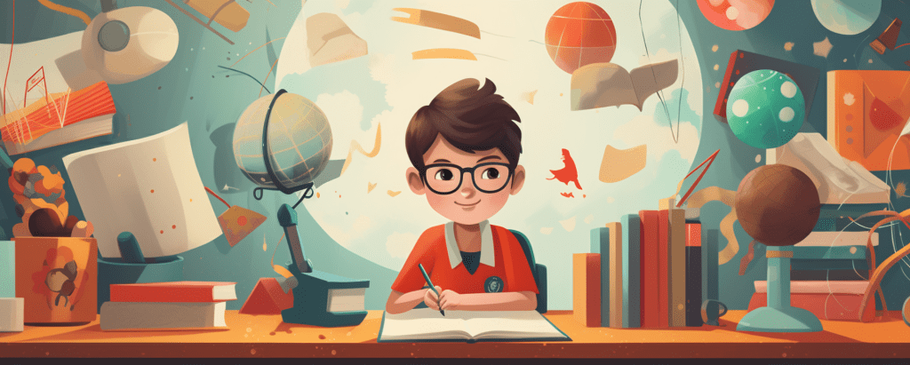 illustration of a young student with glasses writing at a desk surrounded by globes, books, planets, and school supplies, representing diverse homeschool activities