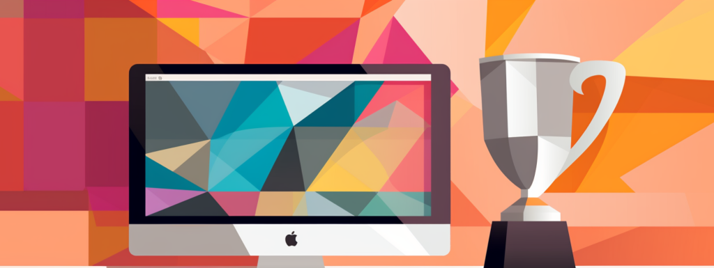 illustration of a desktop computer displaying geometric art next to a trophy, representing top online middle schools