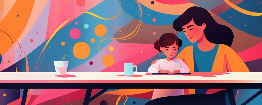 illustration of a parent and child reading together at a table with a colorful abstract background