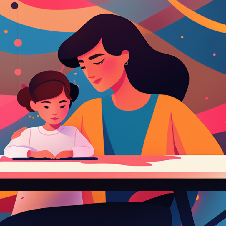 colorful illustration of a mother helping her child read at a desk