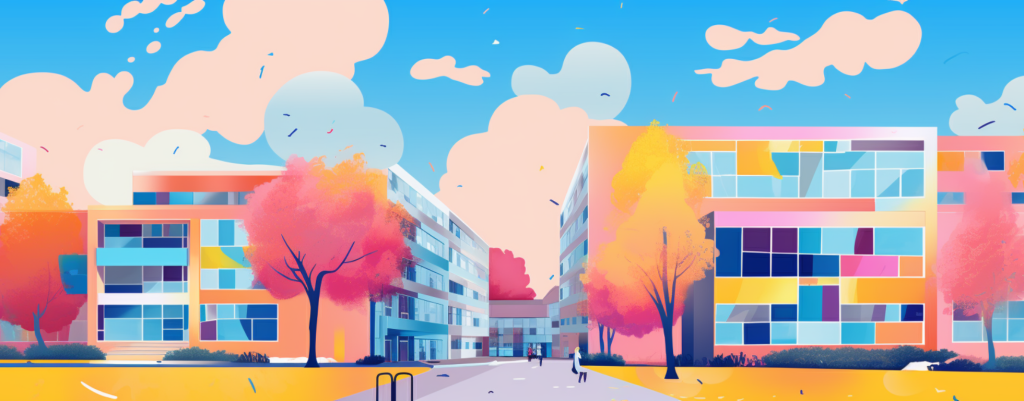 colorful illustration of a modern school campus with buildings and trees under a bright sky, representing college readiness for homeschoolers