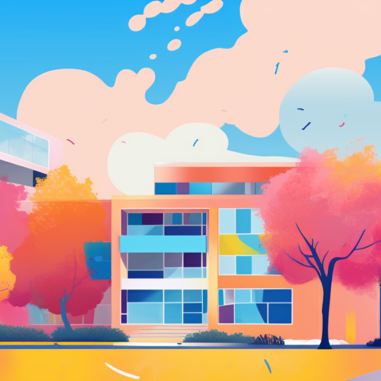 colorful illustration of a modern college campus building with pink trees and blue sky