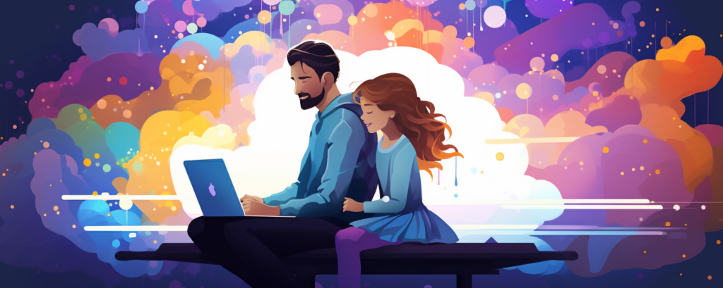 illustration of a parent and child sitting together at a laptop surrounded by colorful clouds, exploring online homeschool programs