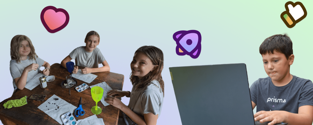 Prisma learners doing hands-on projects at a table and working on a laptop, with Prisma icons overlaid