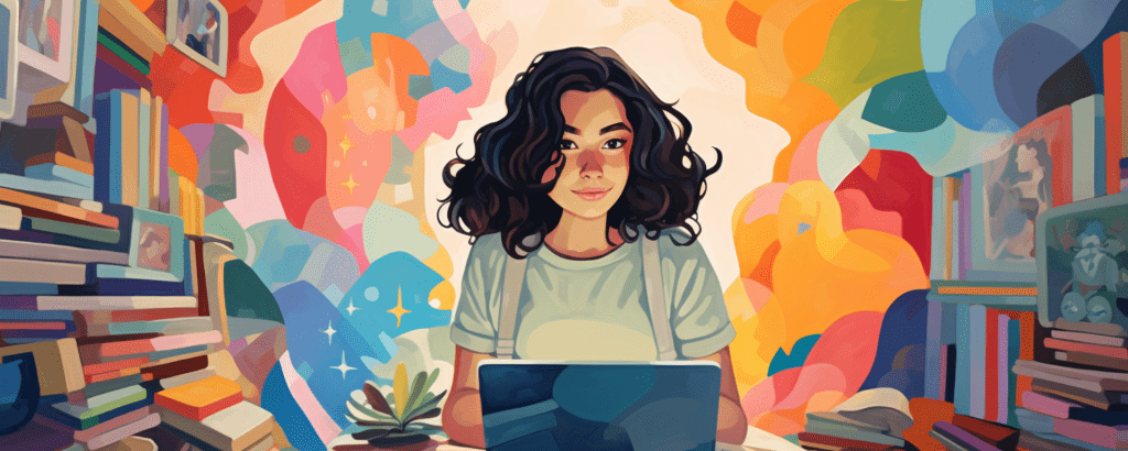 illustration of a teen studying on a laptop surrounded by colorful swirls of books and ideas, representing accredited online high school
