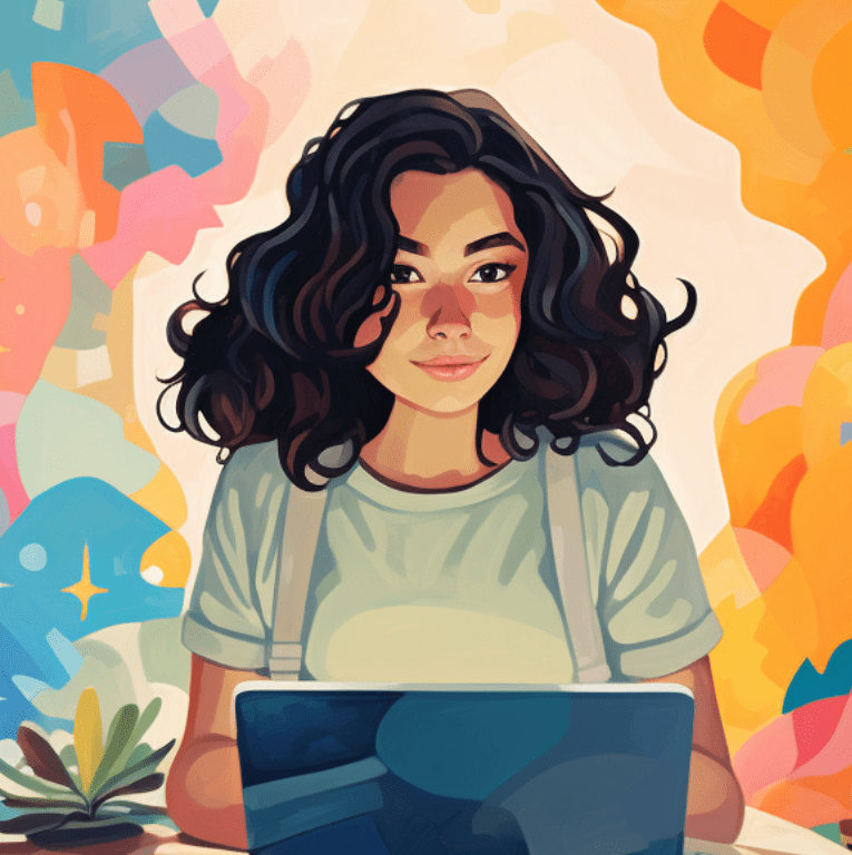 illustration of a student with curly hair working on a laptop against a colorful background