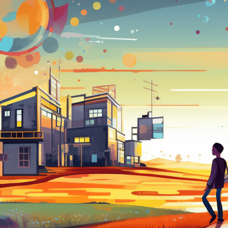 colorful illustration of a child walking toward a futuristic school building at sunset