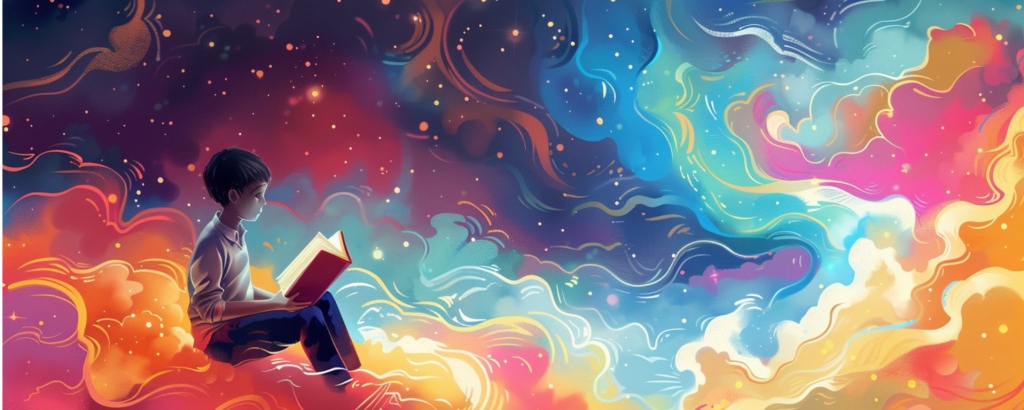 illustration of a child reading a glowing book surrounded by swirling colorful clouds and stars