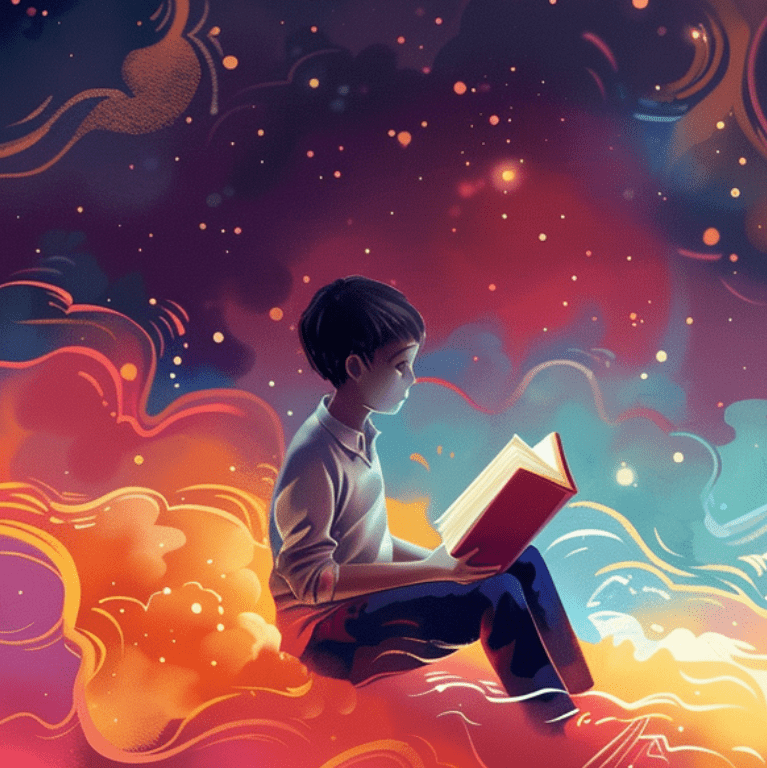 illustration of a gifted child reading a glowing book surrounded by colorful clouds and stars