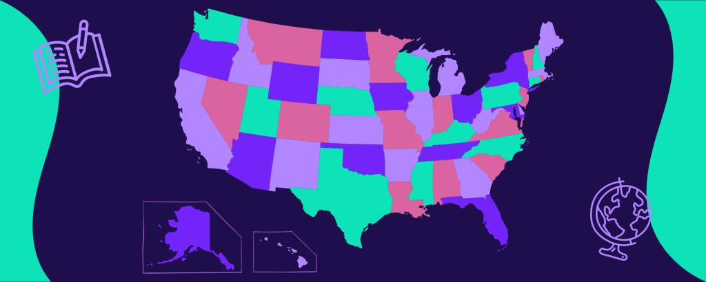 colorful illustrated map of the United States showing states with education savings account programs, with book and globe icons