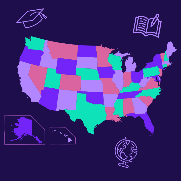 colorful US map showing education savings account availability by state with graduation cap and book icons