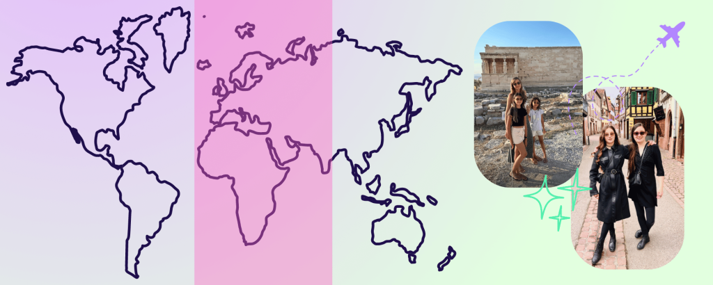 world map highlighting Europe, Africa, and the Middle East with photos of Prisma families traveling, announcing Prisma expansion into new time zones
