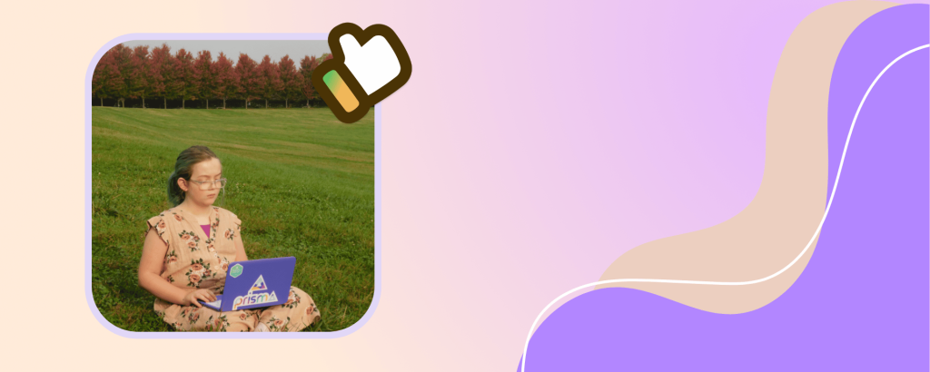 Prisma learner sitting outdoors with a laptop on her lap, with a decorative purple and beige background