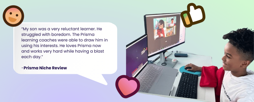Prisma parent testimonial about overcoming homeschool reluctance, with a student engaged in a video lesson on a laptop
