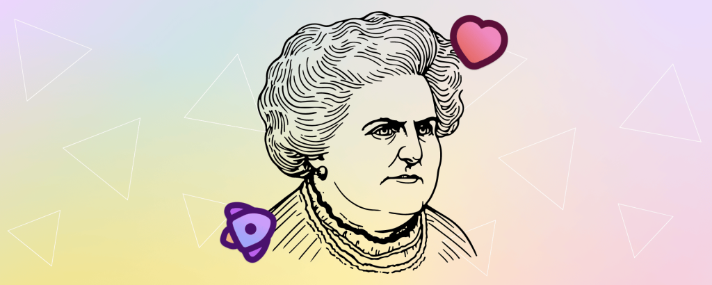 line drawing portrait of Maria Montessori with Prisma heart and atom icons on a pastel gradient background