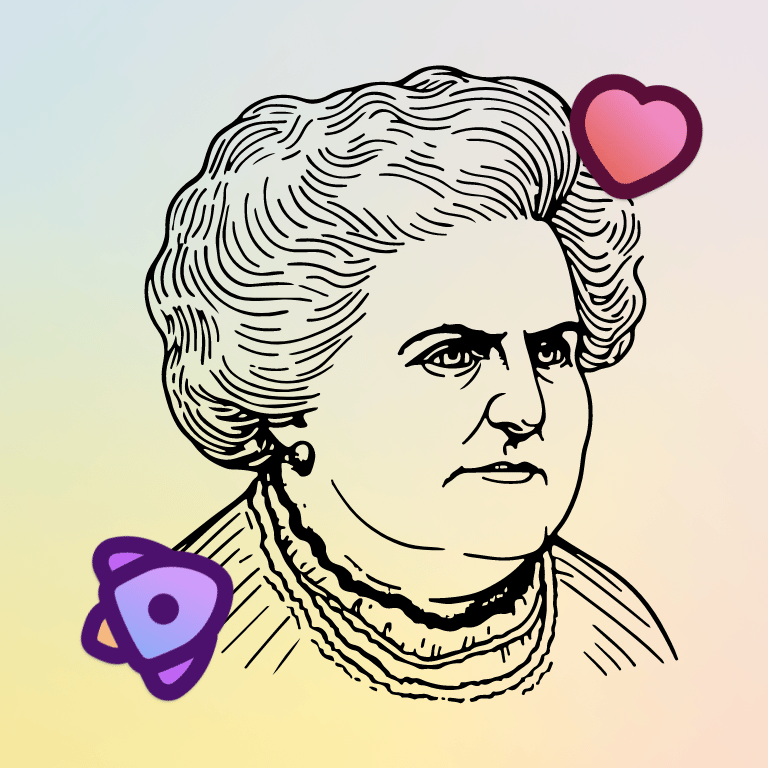 sketch of Maria Montessori with heart and atom icons on pastel gradient background