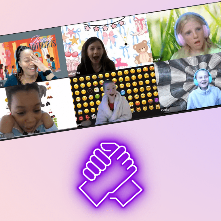Prisma students on a live video call with a glowing neon fist bump icon
