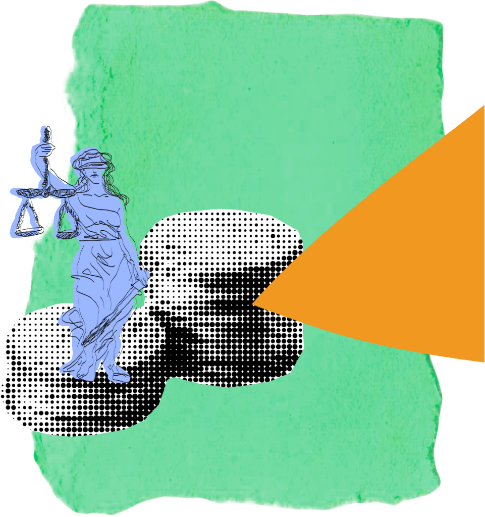 collage illustration of Lady Justice statue and halftone skull on green and orange background