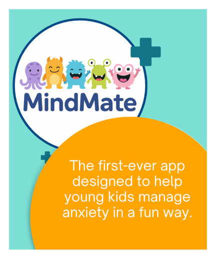 MindMate app logo with cartoon monsters and tagline about helping kids manage anxiety