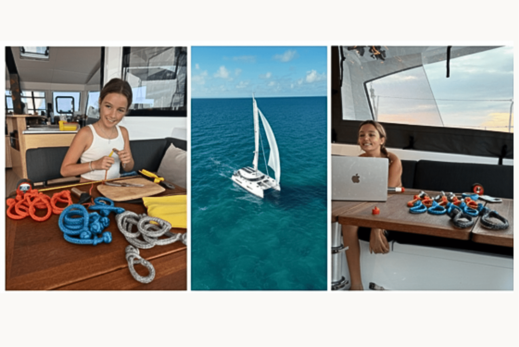 Prisma student learning and crafting with colorful ropes aboard a sailboat on the ocean