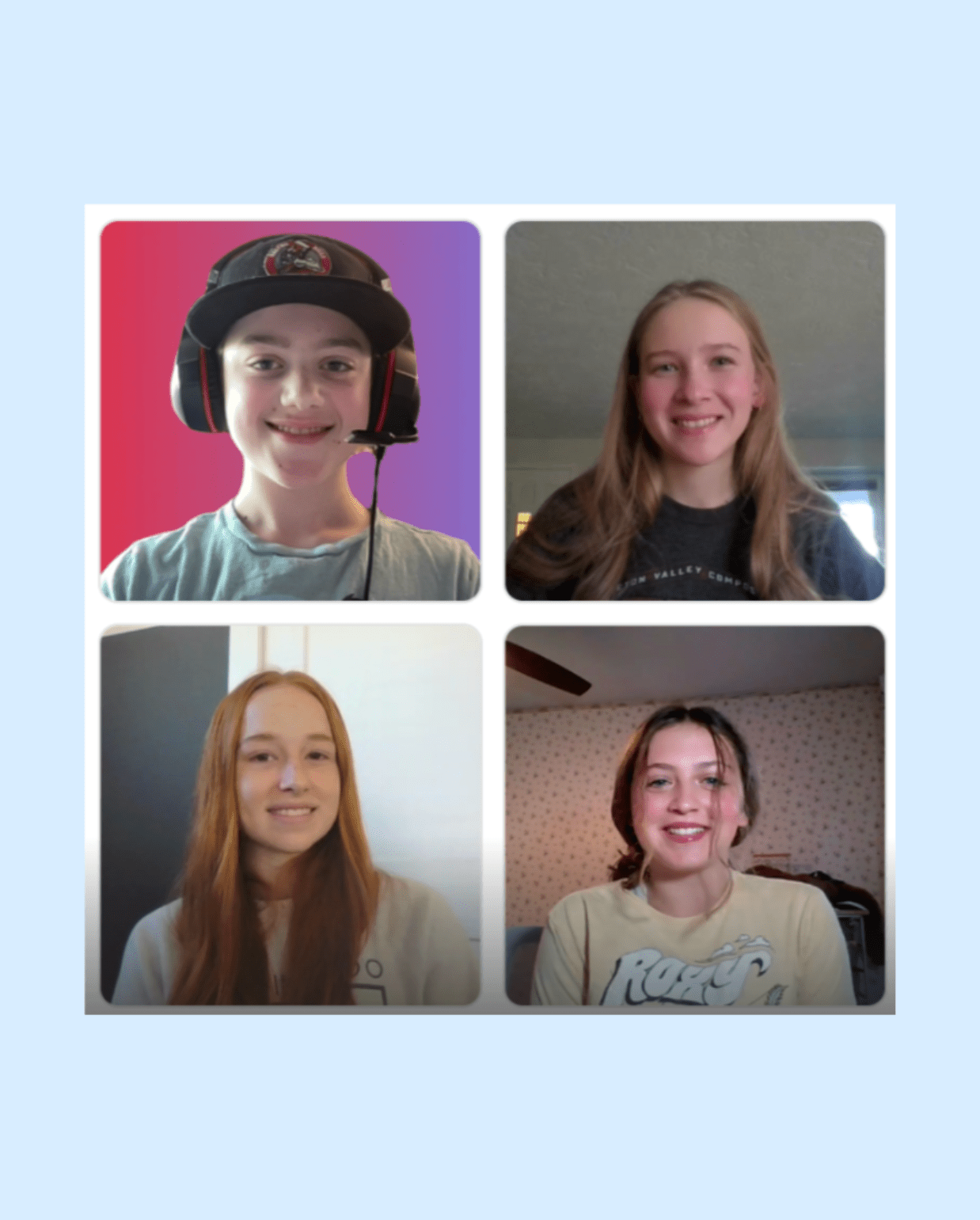 grid of four Prisma learners smiling on a video call on the learners page