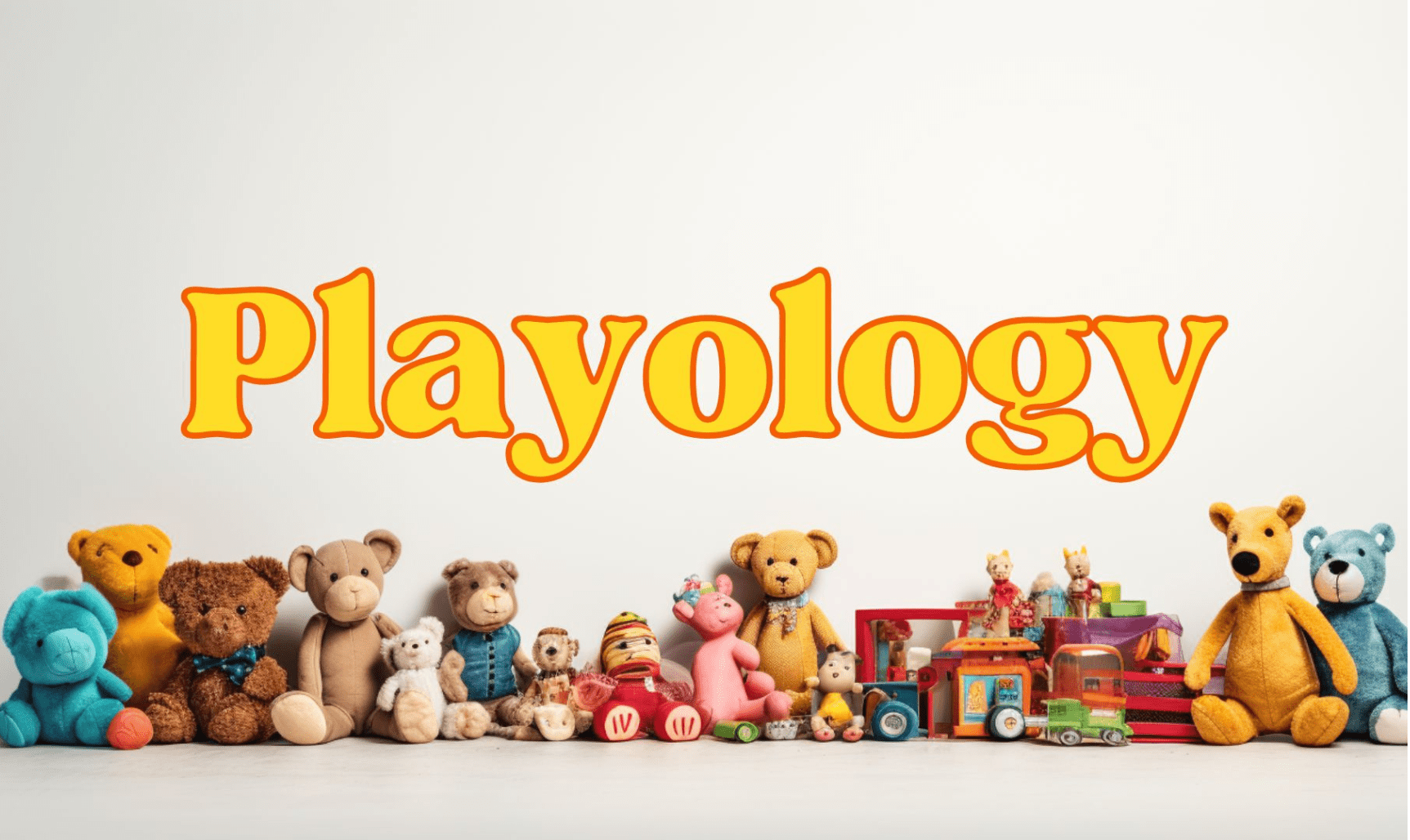 Playology title graphic with colorful toys and stuffed animals, representing a Prisma project theme