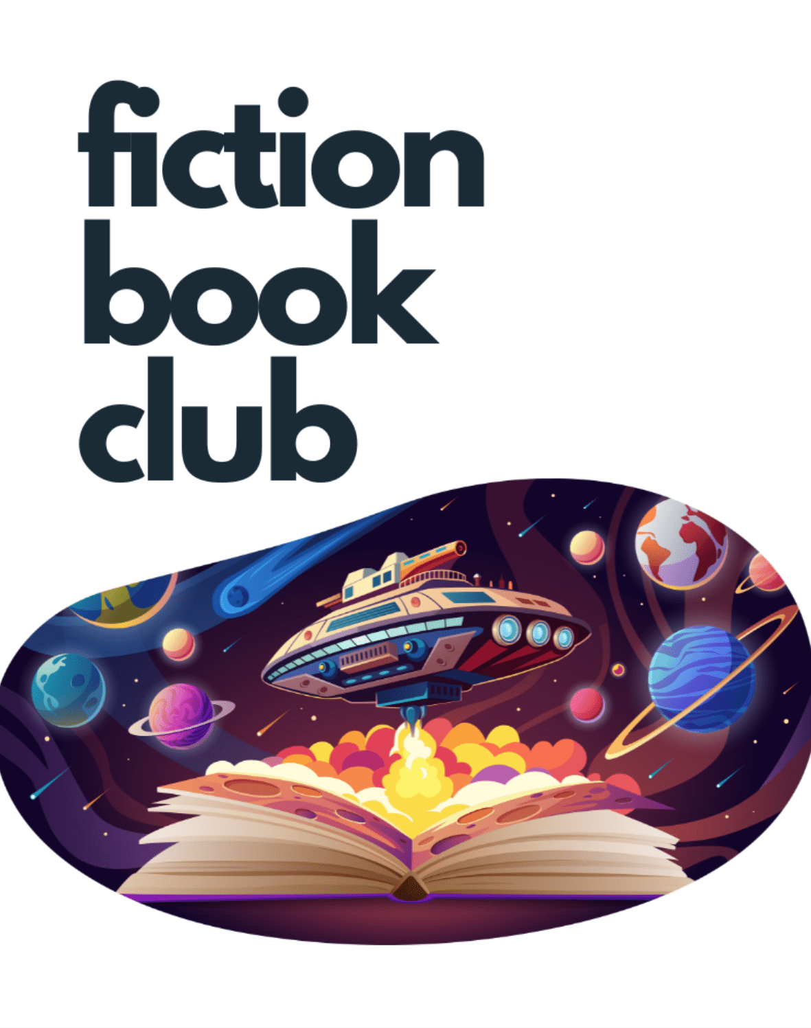 Prisma fiction book club illustration with open book launching spaceships and planets into space