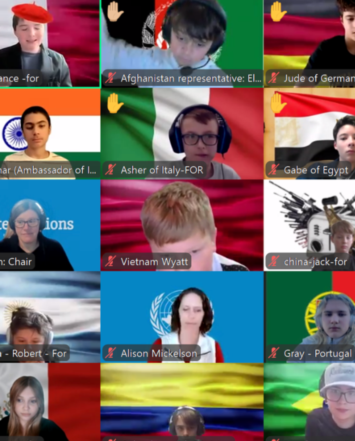 Prisma learners participating in a virtual Model United Nations simulation with country flags as backgrounds
