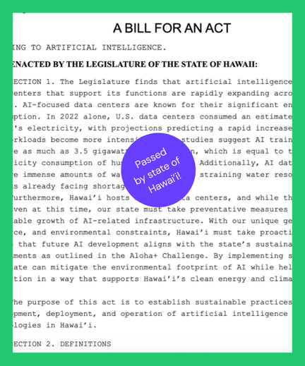 Hawaii AI bill document with purple stamp reading passed by state of Hawaii