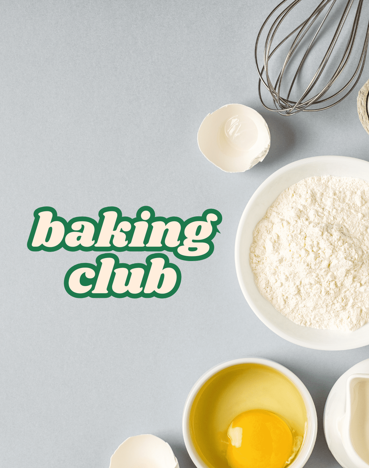 Prisma baking club graphic with flour, eggs, whisk, and baking ingredients on blue background