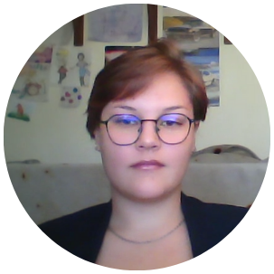 circular portrait of a Prisma high school student with glasses and short hair