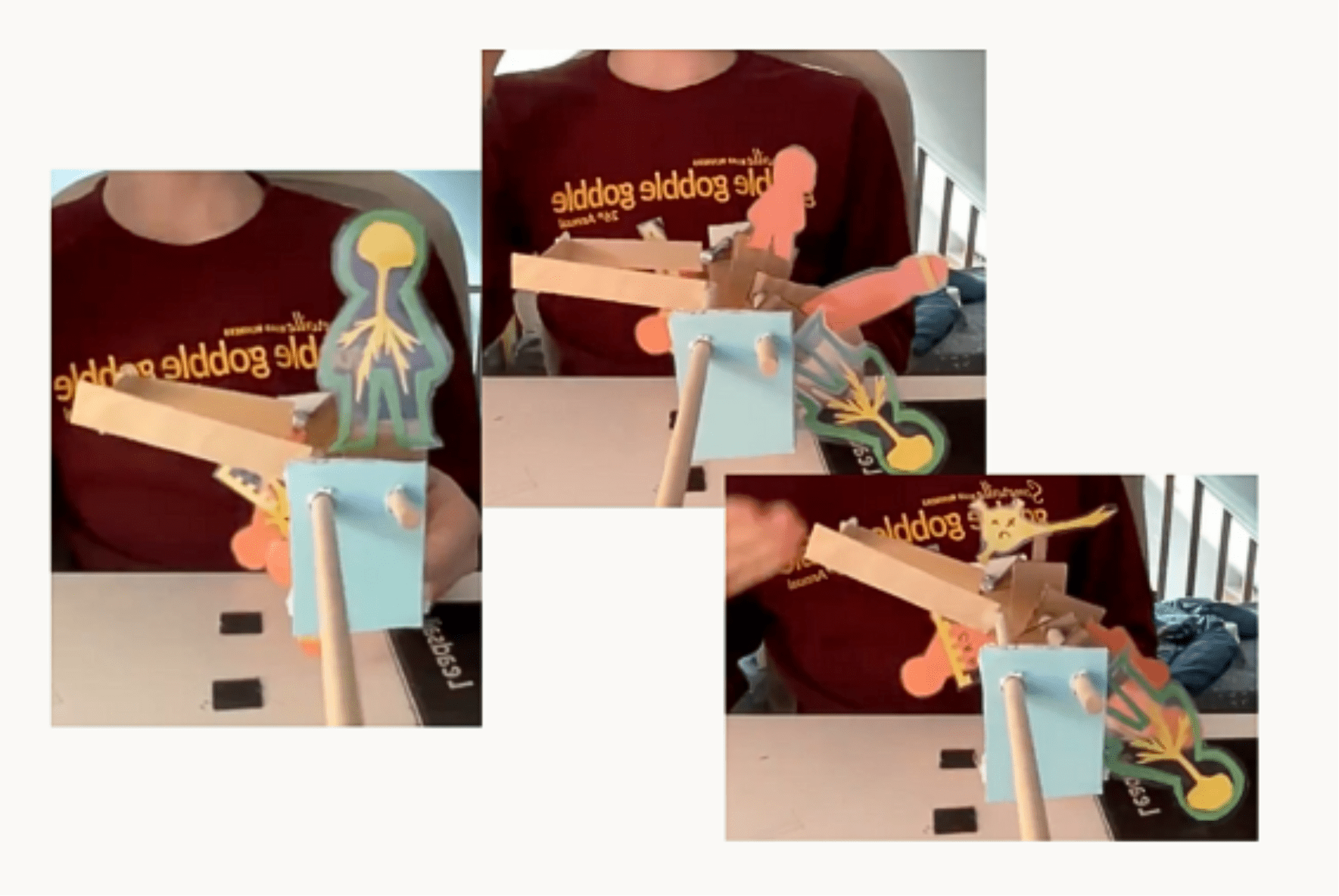 Prisma student building a wooden catapult project shown in three progress photos