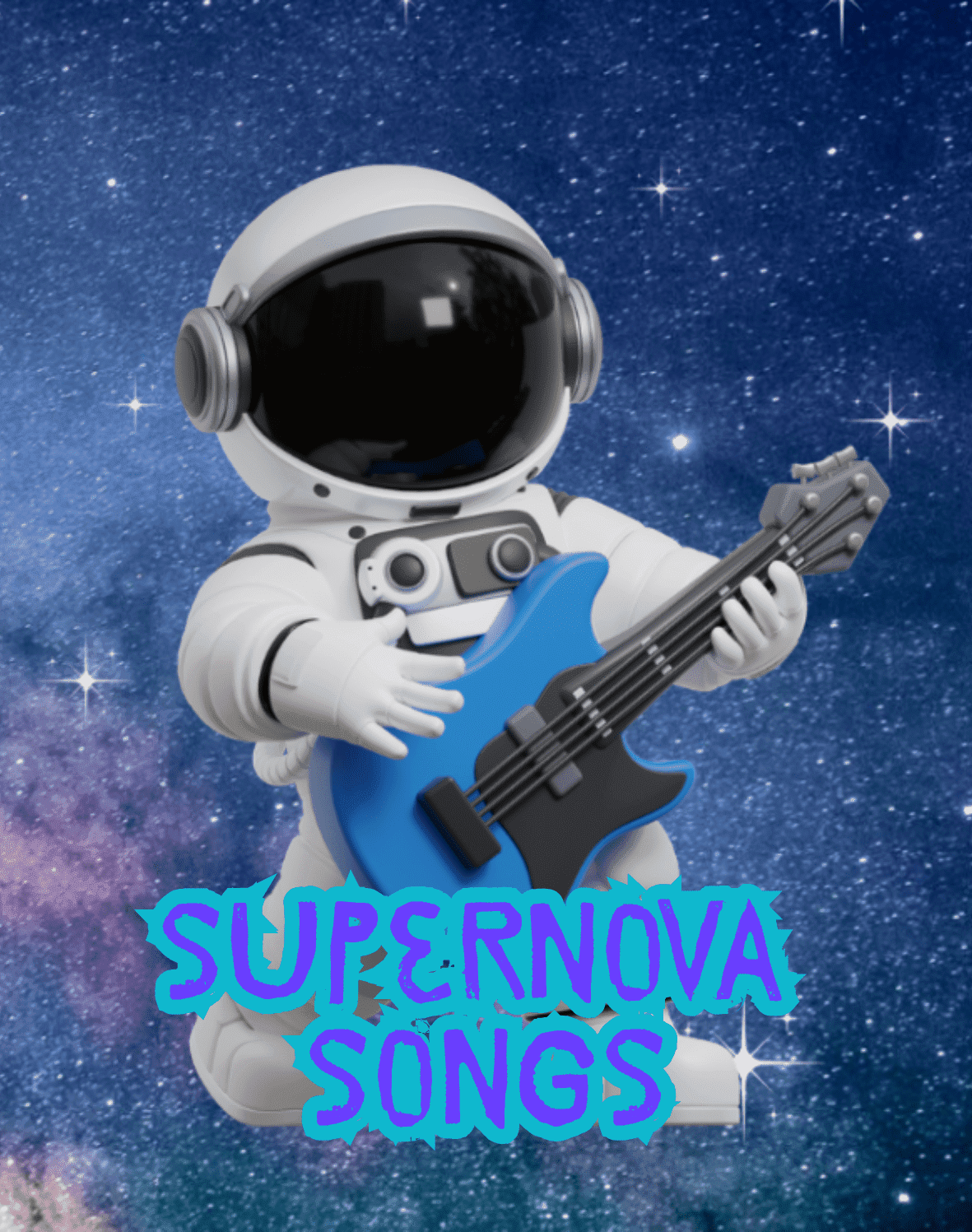 Prisma Supernova Songs music club logo with cartoon astronaut playing electric guitar in space
