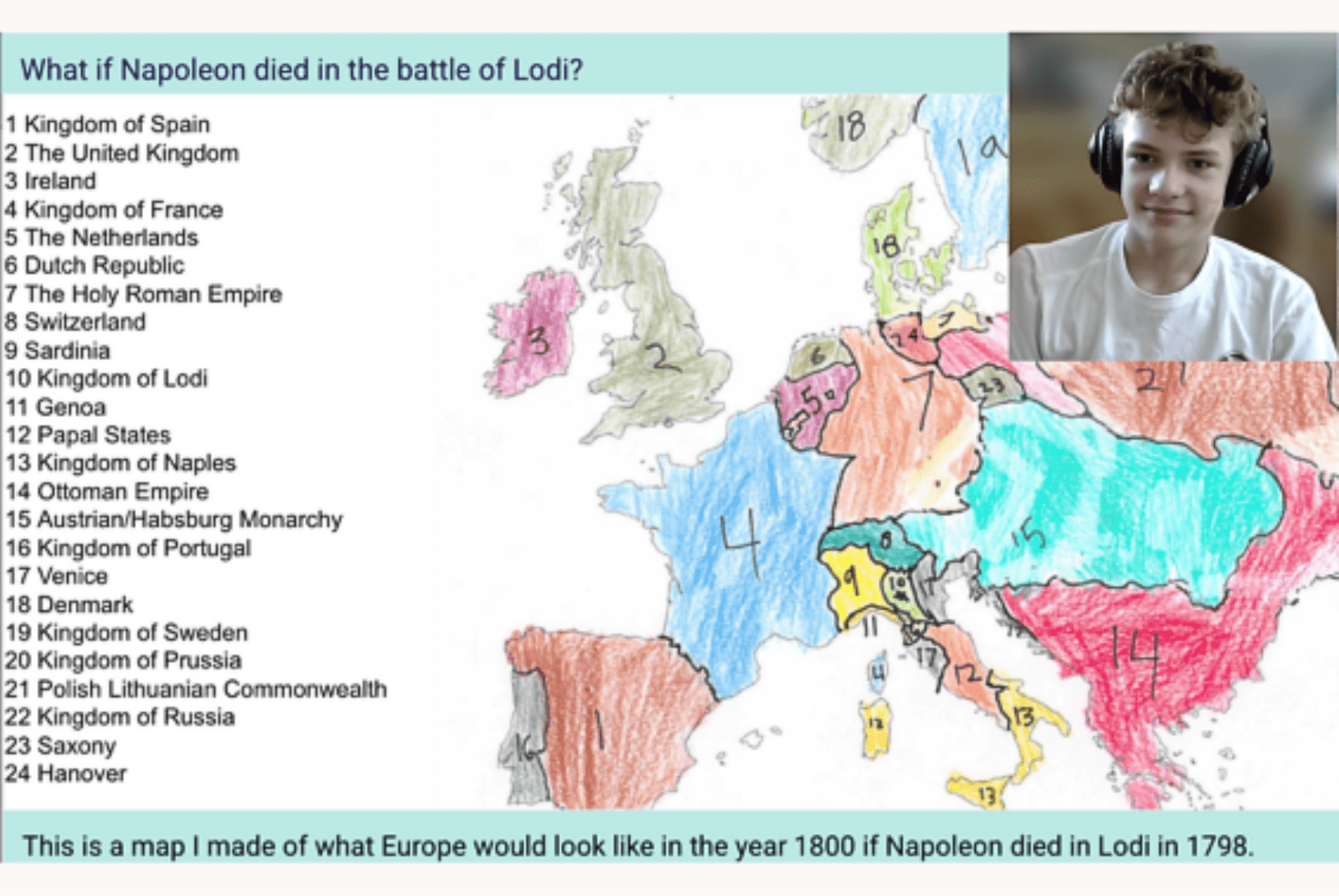 Prisma student presenting an alternate history map of Europe with Napoleon scenario