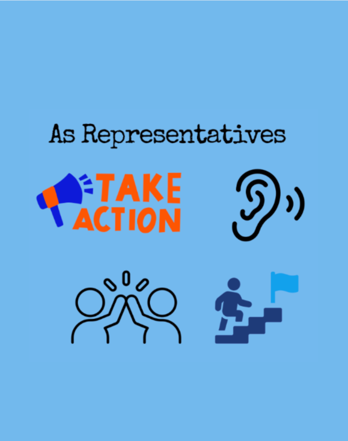 Prisma middle school graphic showing representatives taking action with megaphone, listening, teamwork, and goal icons
