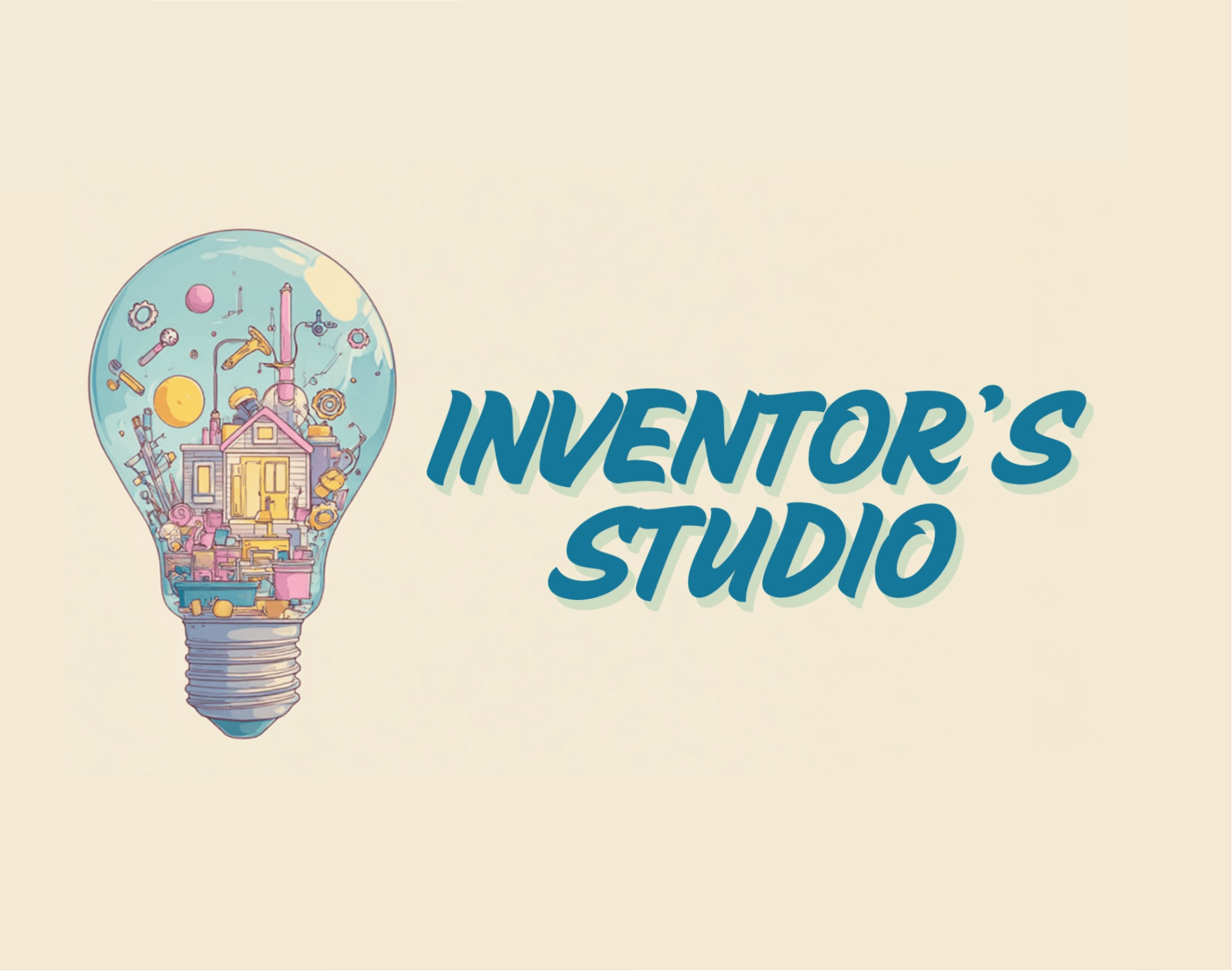 inventor's studio illustration with a lightbulb filled with creative tools and inventions