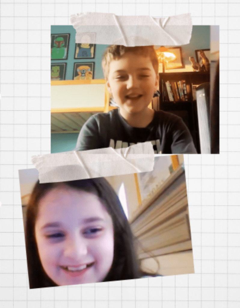 two Prisma lower school learners smiling on video call with paper hats on their heads